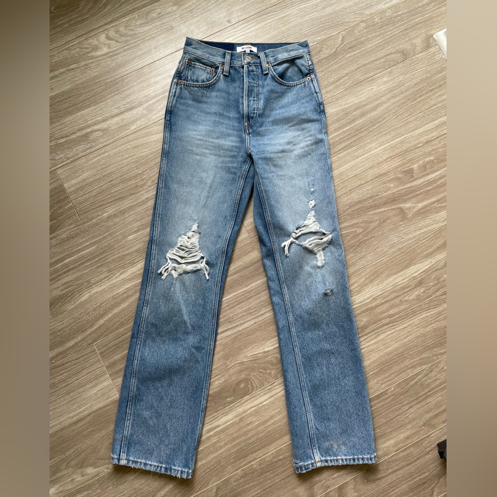 Redone 90s High Rise Loose Medium Destroyed Blue Wash Sz 24 100% Cotton EUC - Picture 4 of 13